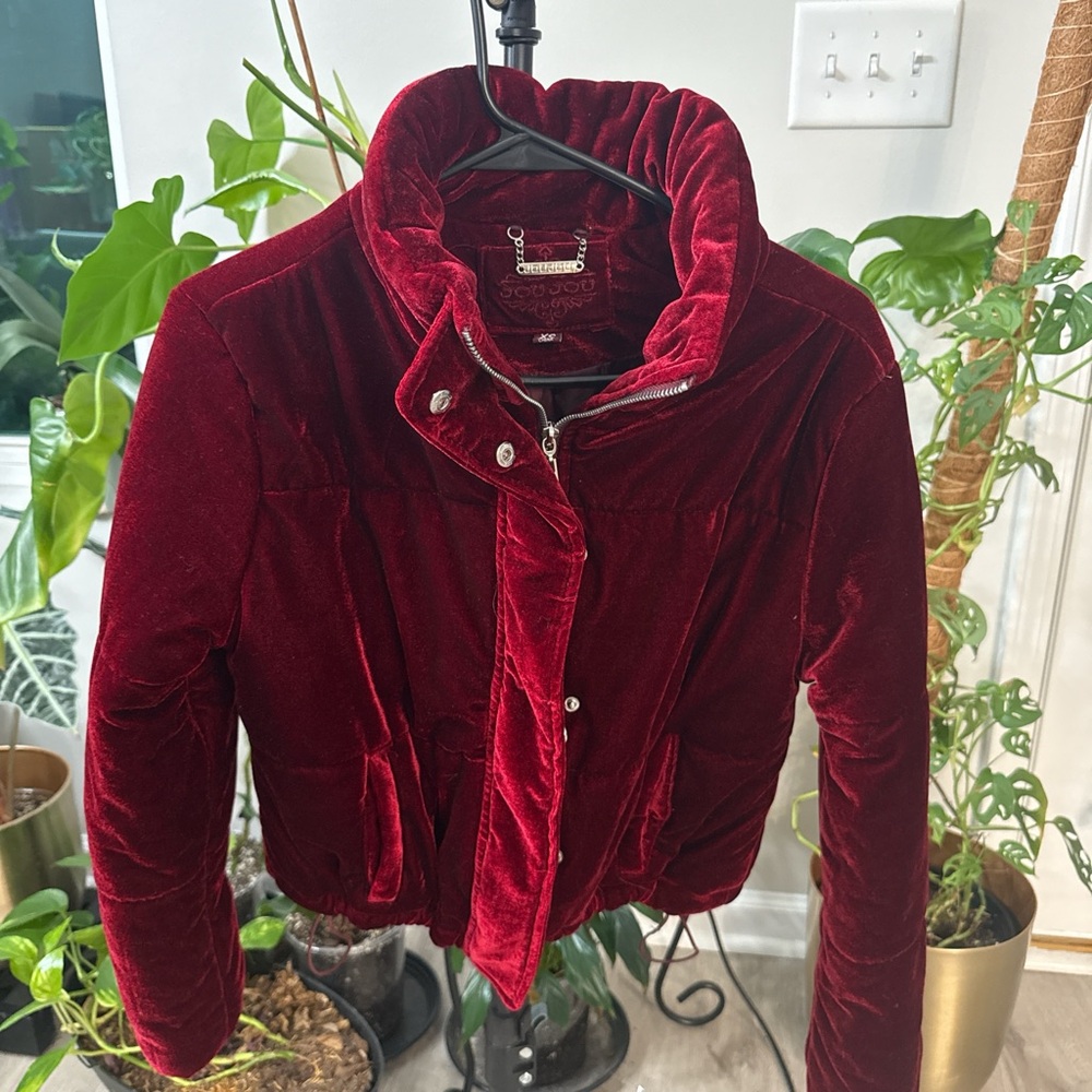 Jou Jou Deep Red Velvet Puffer Jacket